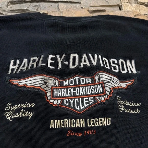 VTG Harley Davidson Thermal Shirt Mens XL Waffle Knit Long Sleeve Black Henley - Picture 2 of 8